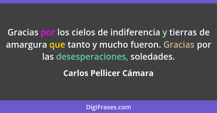 Gracias por los cielos de indiferencia y tierras de amargura que tanto y mucho fueron. Gracias por las desesperaciones, soled... - Carlos Pellicer Cámara