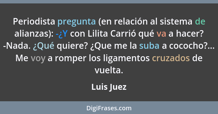 Periodista pregunta (en relación al sistema de alianzas): -¿Y con Lilita Carrió qué va a hacer? -Nada. ¿Qué quiere? ¿Que me la suba a coco... - Luis Juez