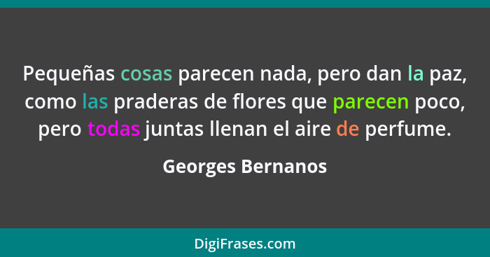 Pequeñas cosas parecen nada, pero dan la paz, como las praderas de flores que parecen poco, pero todas juntas llenan el aire de per... - Georges Bernanos