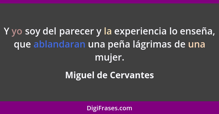 Y yo soy del parecer y la experiencia lo enseña, que ablandaran una peña lágrimas de una mujer.... - Miguel de Cervantes