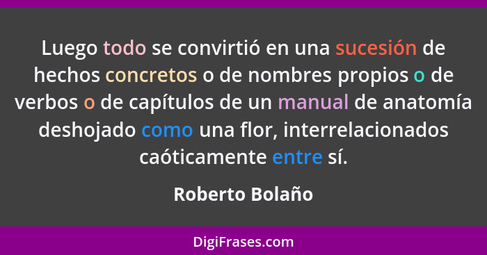 Luego todo se convirtió en una sucesión de hechos concretos o de nombres propios o de verbos o de capítulos de un manual de anatomía... - Roberto Bolaño