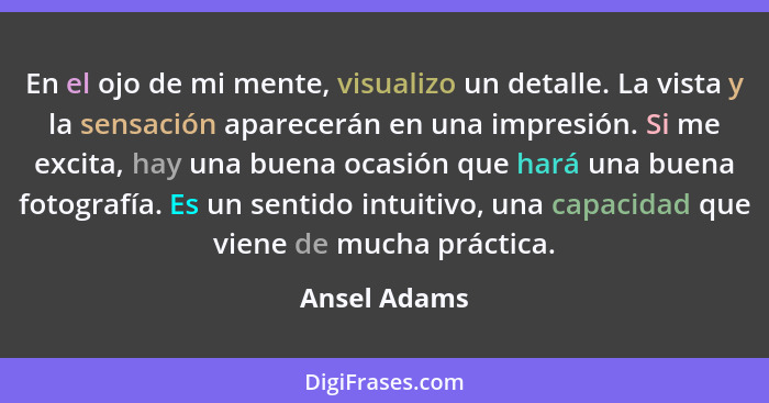 En el ojo de mi mente, visualizo un detalle. La vista y la sensación aparecerán en una impresión. Si me excita, hay una buena ocasión qu... - Ansel Adams