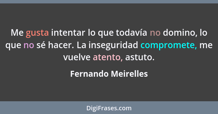 Me gusta intentar lo que todavía no domino, lo que no sé hacer. La inseguridad compromete, me vuelve atento, astuto.... - Fernando Meirelles