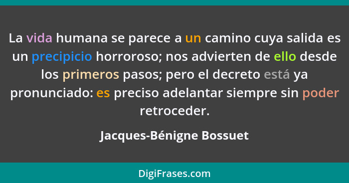 La vida humana se parece a un camino cuya salida es un precipicio horroroso; nos advierten de ello desde los primeros pasos;... - Jacques-Bénigne Bossuet