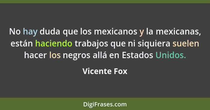 No hay duda que los mexicanos y la mexicanas, están haciendo trabajos que ni siquiera suelen hacer los negros allá en Estados Unidos.... - Vicente Fox