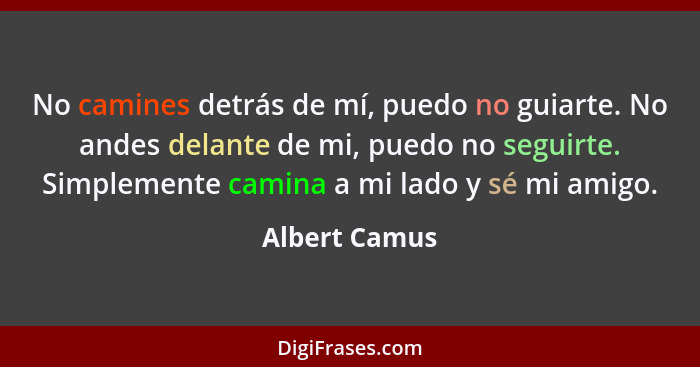 No camines detrás de mí, puedo no guiarte. No andes delante de mi, puedo no seguirte. Simplemente camina a mi lado y sé mi amigo.... - Albert Camus