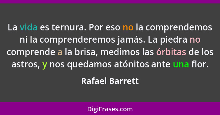 La vida es ternura. Por eso no la comprendemos ni la comprenderemos jamás. La piedra no comprende a la brisa, medimos las órbitas de... - Rafael Barrett