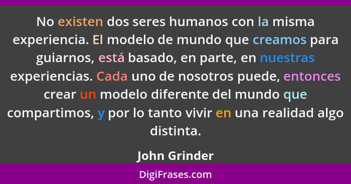 No existen dos seres humanos con la misma experiencia. El modelo de mundo que creamos para guiarnos, está basado, en parte, en nuestras... - John Grinder