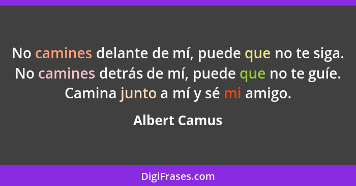 No camines delante de mí, puede que no te siga. No camines detrás de mí, puede que no te guíe. Camina junto a mí y sé mi amigo.... - Albert Camus