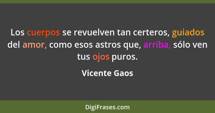 Los cuerpos se revuelven tan certeros, guiados del amor, como esos astros que, arriba, sólo ven tus ojos puros.... - Vicente Gaos