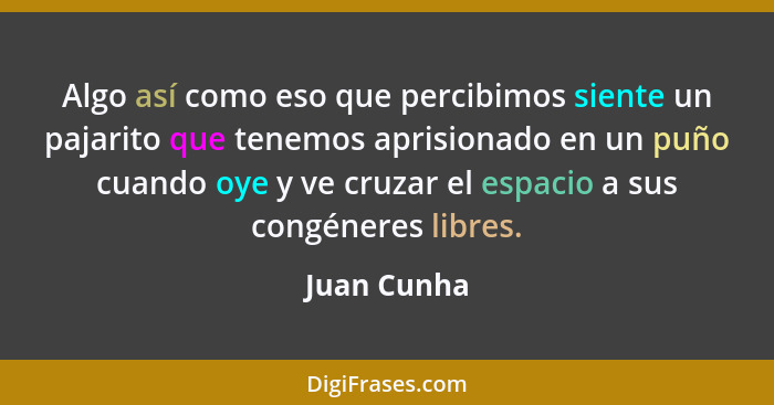 Algo así como eso que percibimos siente un pajarito que tenemos aprisionado en un puño cuando oye y ve cruzar el espacio a sus congéneres... - Juan Cunha