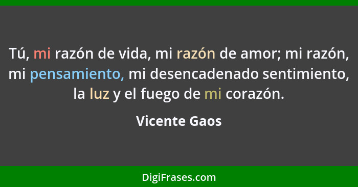 Tú, mi razón de vida, mi razón de amor; mi razón, mi pensamiento, mi desencadenado sentimiento, la luz y el fuego de mi corazón.... - Vicente Gaos