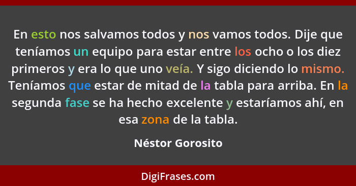 En esto nos salvamos todos y nos vamos todos. Dije que teníamos un equipo para estar entre los ocho o los diez primeros y era lo que... - Néstor Gorosito