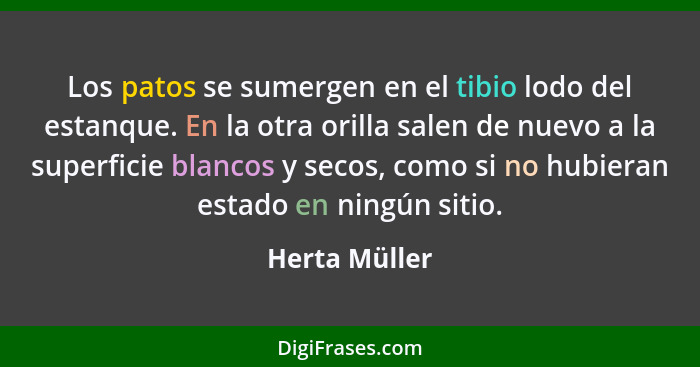 Los patos se sumergen en el tibio lodo del estanque. En la otra orilla salen de nuevo a la superficie blancos y secos, como si no hubie... - Herta Müller