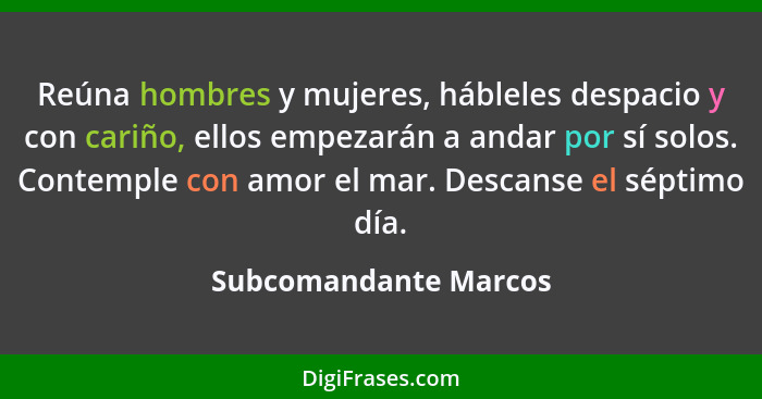 Reúna hombres y mujeres, hábleles despacio y con cariño, ellos empezarán a andar por sí solos. Contemple con amor el mar. Desca... - Subcomandante Marcos