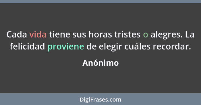 Cada vida tiene sus horas tristes o alegres. La felicidad proviene de elegir cuáles recordar.... - Anónimo