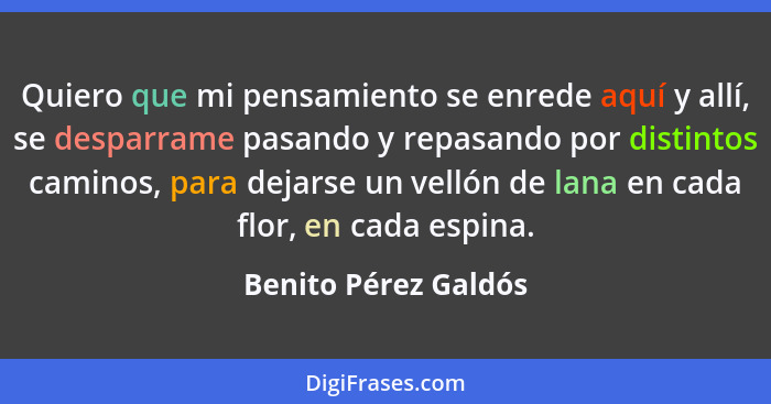 Quiero que mi pensamiento se enrede aquí y allí, se desparrame pasando y repasando por distintos caminos, para dejarse un vellón... - Benito Pérez Galdós