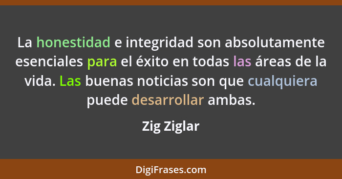 La honestidad e integridad son absolutamente esenciales para el éxito en todas las áreas de la vida. Las buenas noticias son que cualquie... - Zig Ziglar