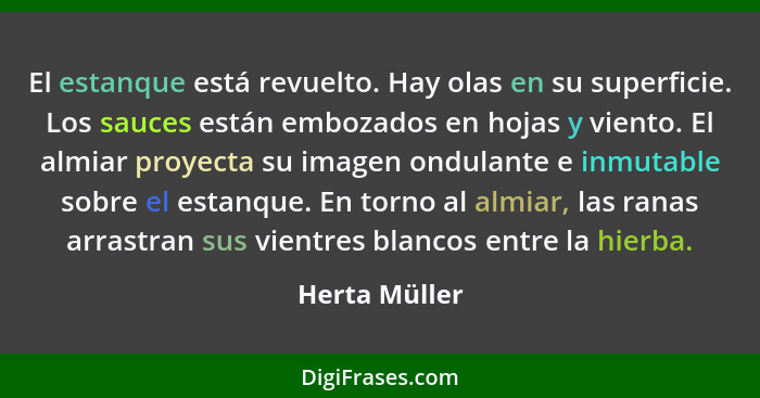 El estanque está revuelto. Hay olas en su superficie. Los sauces están embozados en hojas y viento. El almiar proyecta su imagen ondula... - Herta Müller