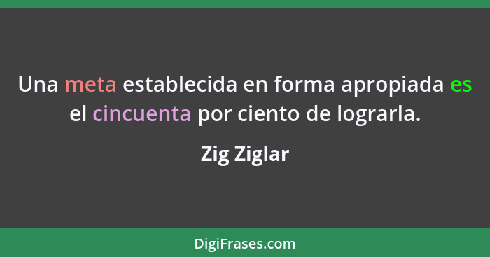 Una meta establecida en forma apropiada es el cincuenta por ciento de lograrla.... - Zig Ziglar