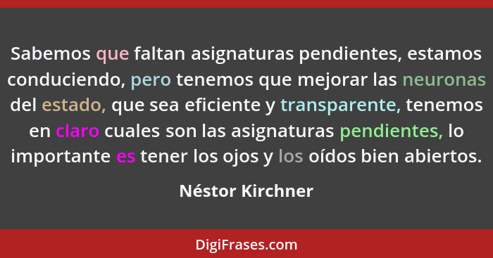 Sabemos que faltan asignaturas pendientes, estamos conduciendo, pero tenemos que mejorar las neuronas del estado, que sea eficiente... - Néstor Kirchner