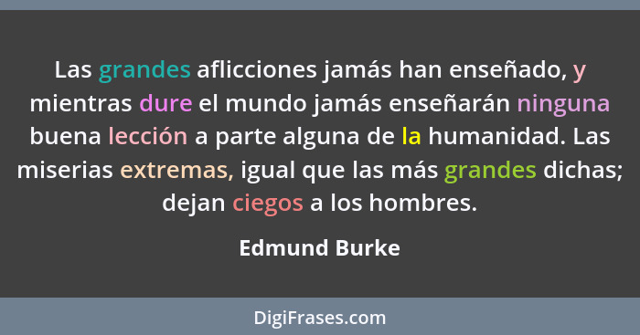 Las grandes aflicciones jamás han enseñado, y mientras dure el mundo jamás enseñarán ninguna buena lección a parte alguna de la humanid... - Edmund Burke