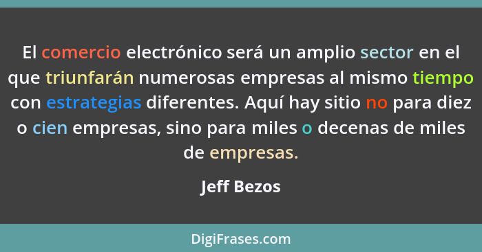 El comercio electrónico será un amplio sector en el que triunfarán numerosas empresas al mismo tiempo con estrategias diferentes. Aquí ha... - Jeff Bezos