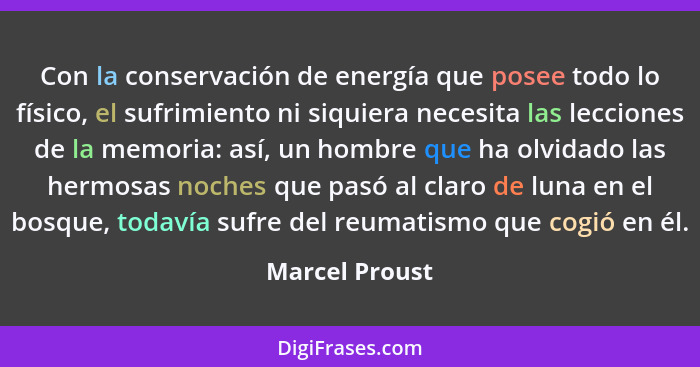 Con la conservación de energía que posee todo lo físico, el sufrimiento ni siquiera necesita las lecciones de la memoria: así, un homb... - Marcel Proust