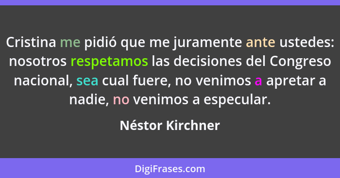 Cristina me pidió que me juramente ante ustedes: nosotros respetamos las decisiones del Congreso nacional, sea cual fuere, no venimo... - Néstor Kirchner