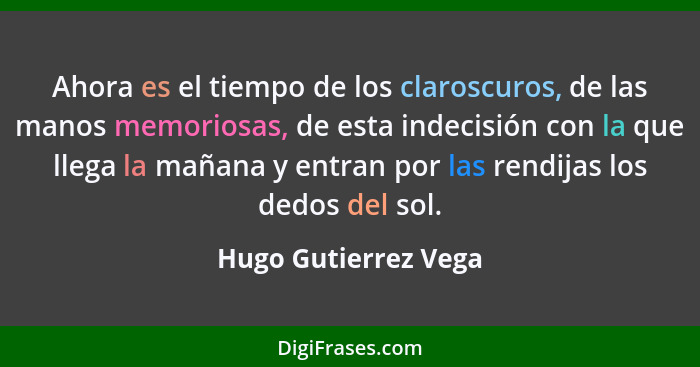 Ahora es el tiempo de los claroscuros, de las manos memoriosas, de esta indecisión con la que llega la mañana y entran por las r... - Hugo Gutierrez Vega