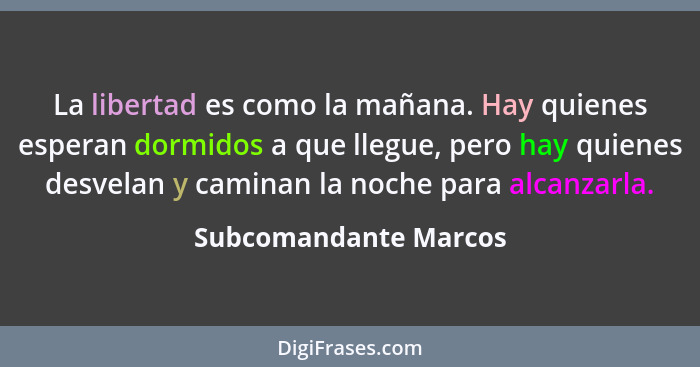 La libertad es como la mañana. Hay quienes esperan dormidos a que llegue, pero hay quienes desvelan y caminan la noche para alc... - Subcomandante Marcos