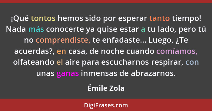 ¡Qué tontos hemos sido por esperar tanto tiempo! Nada más conocerte ya quise estar a tu lado, pero tú no comprendiste, te enfadaste... Lu... - Émile Zola