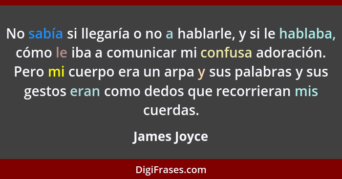 No sabía si llegaría o no a hablarle, y si le hablaba, cómo le iba a comunicar mi confusa adoración. Pero mi cuerpo era un arpa y sus pa... - James Joyce