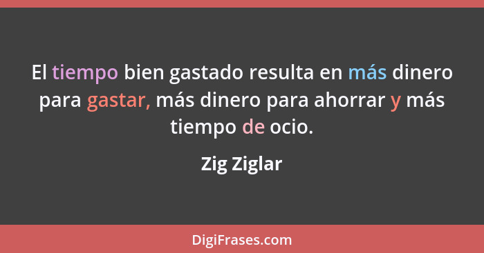 El tiempo bien gastado resulta en más dinero para gastar, más dinero para ahorrar y más tiempo de ocio.... - Zig Ziglar