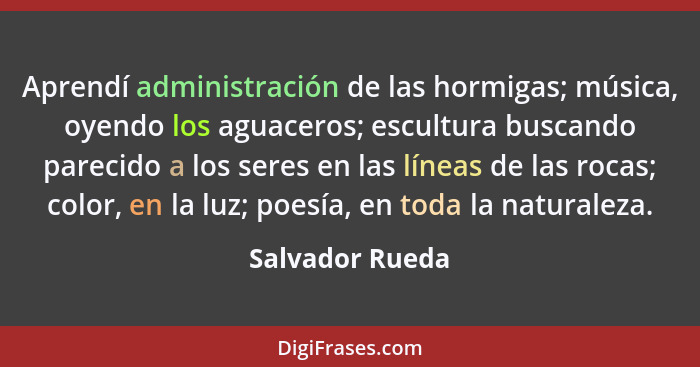 Aprendí administración de las hormigas; música, oyendo los aguaceros; escultura buscando parecido a los seres en las líneas de las ro... - Salvador Rueda