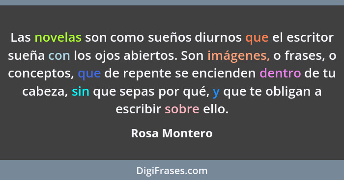 Las novelas son como sueños diurnos que el escritor sueña con los ojos abiertos. Son imágenes, o frases, o conceptos, que de repente se... - Rosa Montero