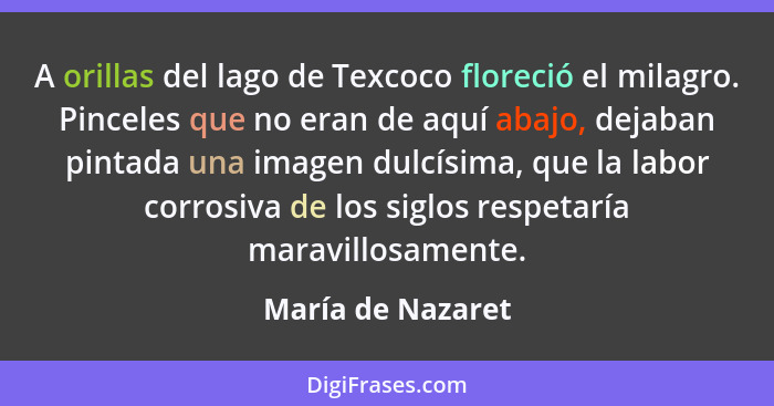 A orillas del lago de Texcoco floreció el milagro. Pinceles que no eran de aquí abajo, dejaban pintada una imagen dulcísima, que la... - María de Nazaret