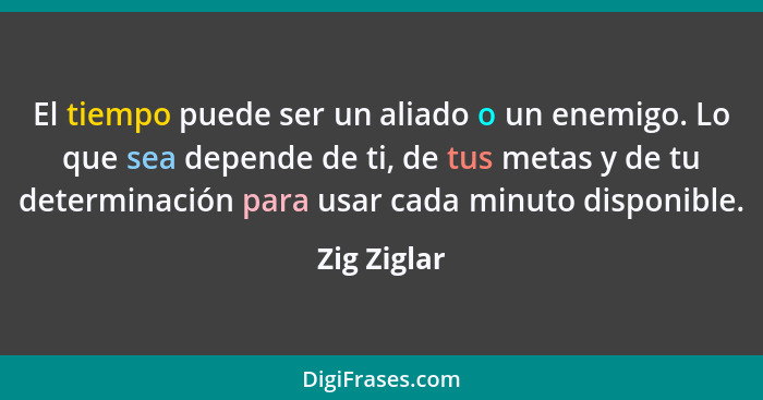 El tiempo puede ser un aliado o un enemigo. Lo que sea depende de ti, de tus metas y de tu determinación para usar cada minuto disponible... - Zig Ziglar