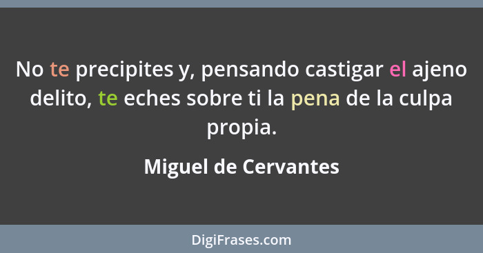 No te precipites y, pensando castigar el ajeno delito, te eches sobre ti la pena de la culpa propia.... - Miguel de Cervantes