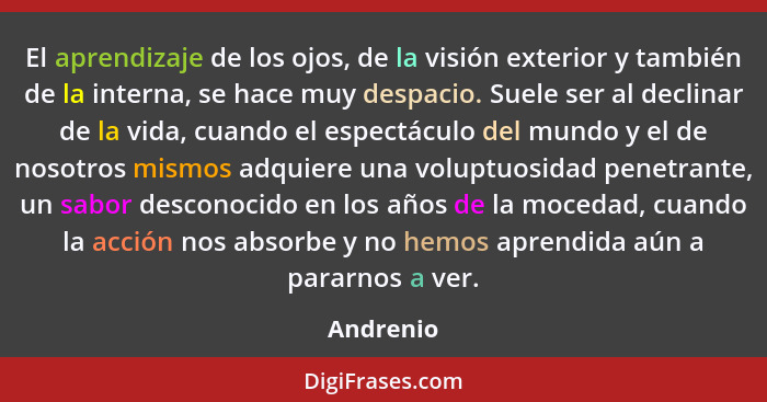 El aprendizaje de los ojos, de la visión exterior y también de la interna, se hace muy despacio. Suele ser al declinar de la vida, cuando e... - Andrenio