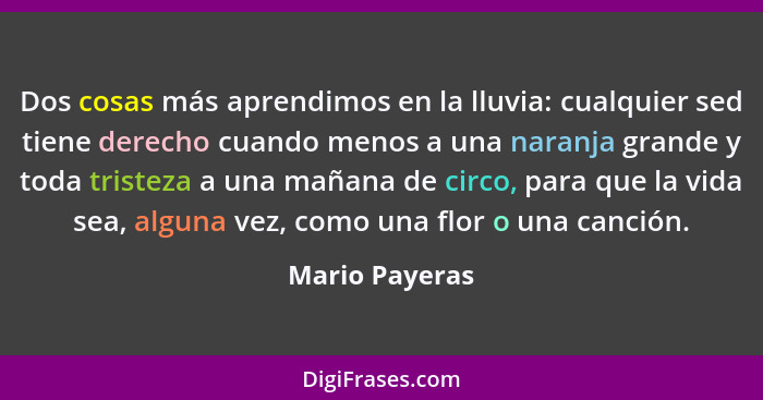 Dos cosas más aprendimos en la lluvia: cualquier sed tiene derecho cuando menos a una naranja grande y toda tristeza a una mañana de c... - Mario Payeras