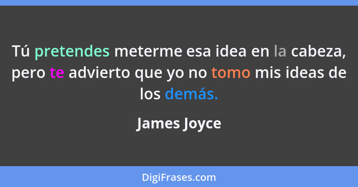 Tú pretendes meterme esa idea en la cabeza, pero te advierto que yo no tomo mis ideas de los demás.... - James Joyce