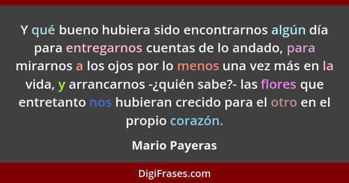 Y qué bueno hubiera sido encontrarnos algún día para entregarnos cuentas de lo andado, para mirarnos a los ojos por lo menos una vez m... - Mario Payeras