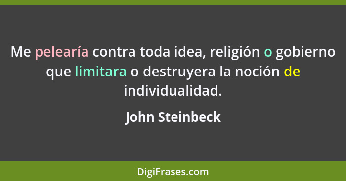 Me pelearía contra toda idea, religión o gobierno que limitara o destruyera la noción de individualidad.... - John Steinbeck