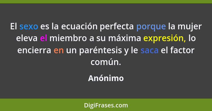 El sexo es la ecuación perfecta porque la mujer eleva el miembro a su máxima expresión, lo encierra en un paréntesis y le saca el factor com... - Anónimo