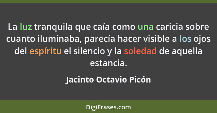 La luz tranquila que caía como una caricia sobre cuanto iluminaba, parecía hacer visible a los ojos del espíritu el silencio y... - Jacinto Octavio Picón