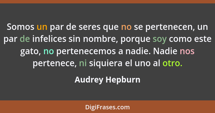 Somos un par de seres que no se pertenecen, un par de infelices sin nombre, porque soy como este gato, no pertenecemos a nadie. Nadie... - Audrey Hepburn