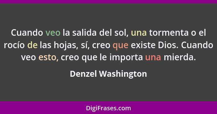 Cuando veo la salida del sol, una tormenta o el rocío de las hojas, sí, creo que existe Dios. Cuando veo esto, creo que le importa... - Denzel Washington