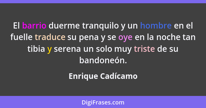 El barrio duerme tranquilo y un hombre en el fuelle traduce su pena y se oye en la noche tan tibia y serena un solo muy triste de s... - Enrique Cadícamo