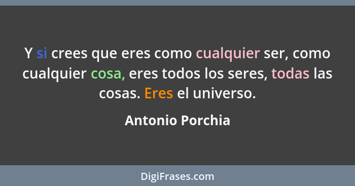 Y si crees que eres como cualquier ser, como cualquier cosa, eres todos los seres, todas las cosas. Eres el universo.... - Antonio Porchia